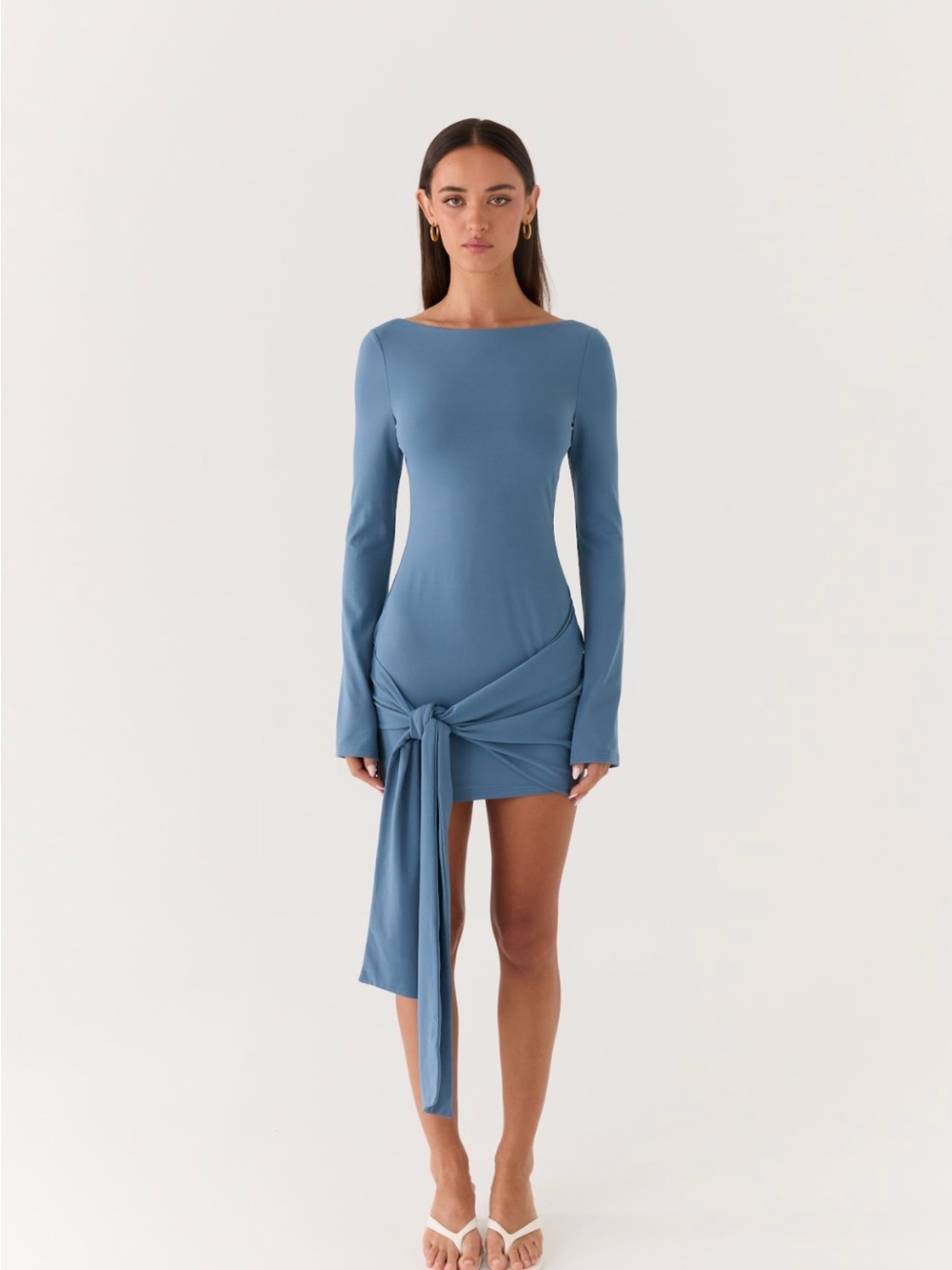 Peppermayo Dusty Blue Long-Sleeve Tie-Waist Mini Dress